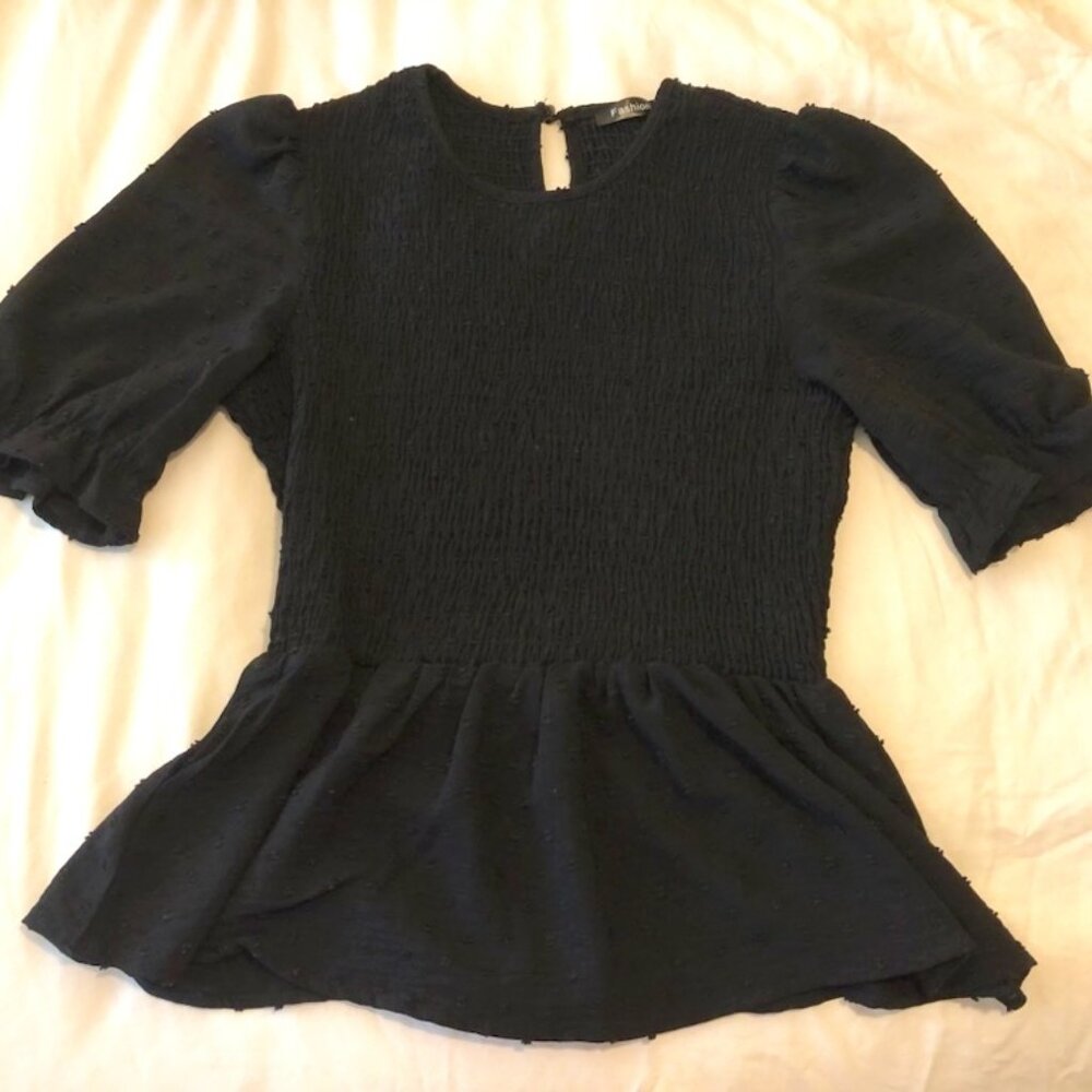 Black Short Sleeve Swiss Dot Top with Rushed Bodice